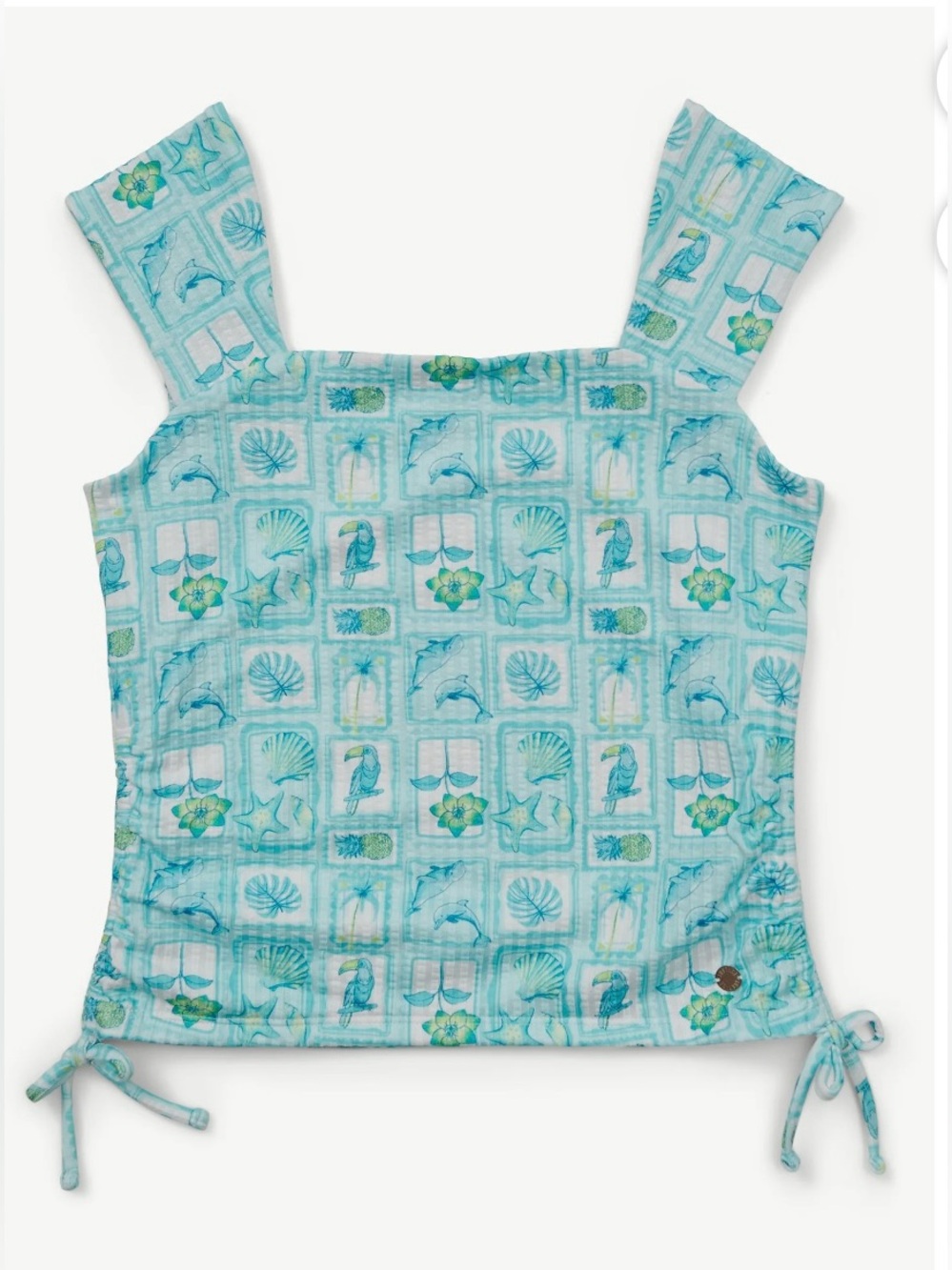 NWT Justice Girls XL 16/18 Teal Tropical Cinch Side Square Neck Top